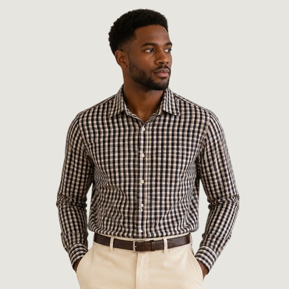 Bar III Mens Slim Fit Stretch‎ Dress Shirt Gingham Check Navy Brown LARGE